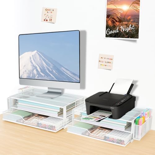 AUPSEN Computer Monitor Stands Riser,2-Tier Desk Organizers and Accessories, Office Desk Accessories Organizer with Drawers and 2 Pen Holder for Office Supplies (White) - Image 7