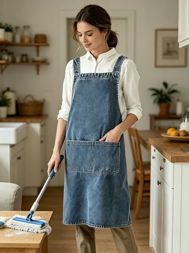 Denim Bib Apron for Women Men, Unisex Cross Back Aprons with Large Pockets - Image 6