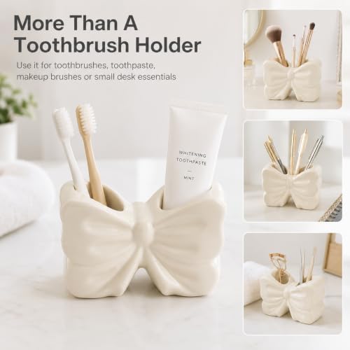 White Bow Toothbrush Holder, Ceramic 2-Slot Toothbrush and Toothpaste Organizer, Cute Bathroom Counter Storage Rack for Toothbrushes, Floss, Razors & Daily Oral Care Items - Image 7