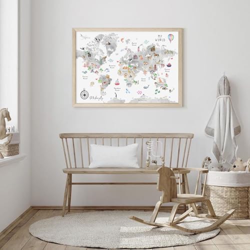 Joocrise Grey Kids World Map Wall Art Animal Map Canvas Wall Art Nursery Wall Decor World Map Poster Childrens Room Decor Playroom Prints Educational Artwork 16x24 Inch Wood Frame - Image 7