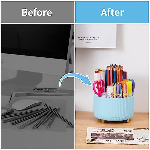 Marbrasse Desk Organizer, 360-Degree Rotating Pen Holder, Desk Organizers and Accessories with 5 Compartments Pencil Holder, Art Supply Storage Box Caddy for Office, Home(Light Blue) - Image 7