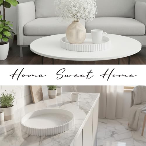 Modern Table 2pcs Nested Round Decorative Trays - Circle Coffee Table Centerpiece Set 12"/10" - Wooden White Crack Finish Bandejas with Fluted Edge - Image 5