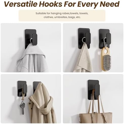 Large Heavy Duty Wall Hooks - 26lb Max, Stainless Steel Adhesive Towel Hooks for Hanging Towel, Coat, Robe, Hat, Sticky Towel Holder for Wall Mount in Bathroom, Shower, Kitchen (Black, 2 Pack) - Image 7