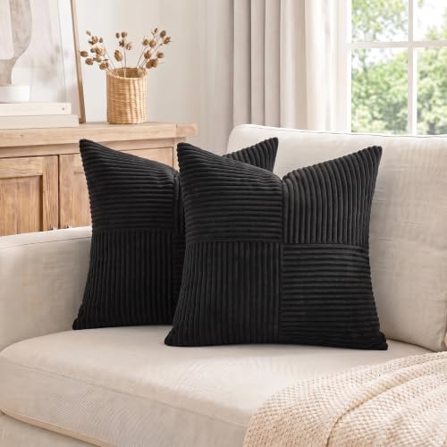 Fancy Homi 2 Packs Black Samll Decorative Throw Pillow Covers 12x12 Inch with for Couch Bed Sofa, Rustic Farmhouse Boho Home Decor, Soft Corss Patchwork Corduroy Square Cushion Case 30x30 cm - Image 7