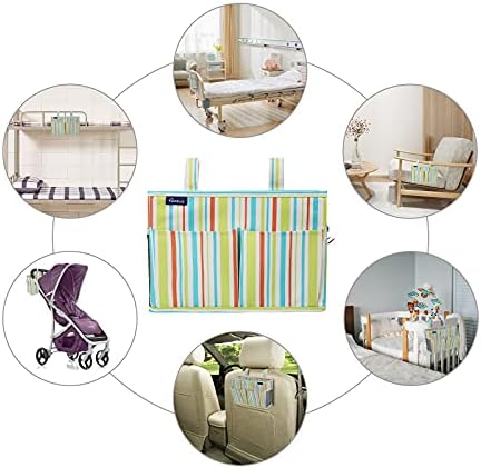 Surblue Bedside Caddy Hanging Bed Organizer Storage Bag Pocket for Bunk and Hospital Beds, College Dorm Rooms Baby Bed Rails,Wheelchair Side Bag,Camp Chiars,4 Pockets and 2 Hooks (Small GreenStripe) - Image 6