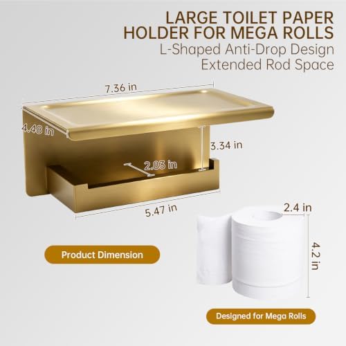 Wall Mounted Toilet Paper Holder with Shelf, 1.5mm, Brushed Gold - Image 6