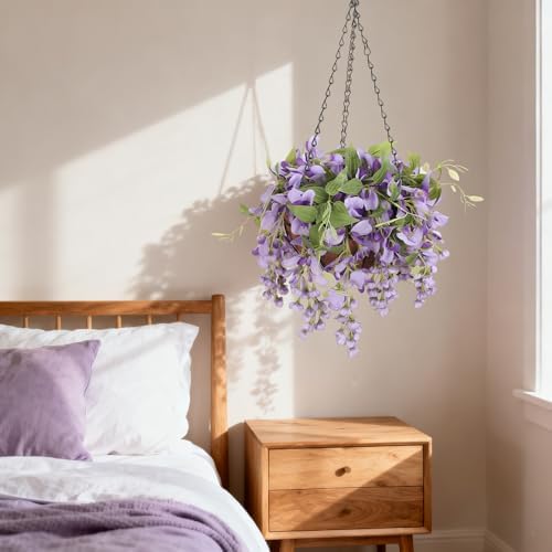 Artificial Hanging Flowers with Basket Plants - Wisteria Hanging Plants for Spring Outdoor Decoration, UV Resistant Fake Flowers Hanging Silk Flowers for Porch Patio Garden Yard Home Decor - Image 6