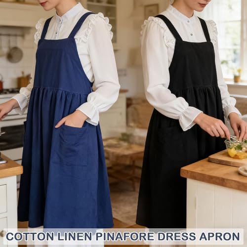 Cotton Linen Apron Cross Back Apron for Women with Pockets Pinafore Dress - Image 7