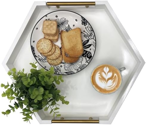 Serving Tray with Polished Metal Handles, Hexagon Coffee Table Tray, Modern Rectangle Decorative Tray, Large Ottoman Tray, Perfect for Storage and Display (White Hexagon) - Image 7