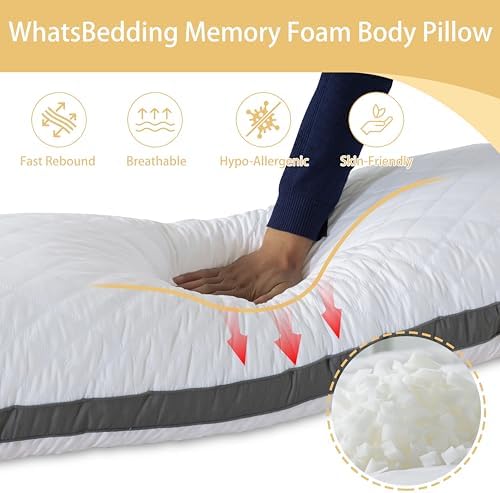 WhatsBedding Memory Foam Body Pillow with Cover, Long Bed Pillow for Adults - Image 6