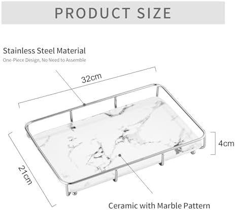 Dobbyby Vanity Tray Makeup Organizer Cosmetics Storage Bathroom Skincare Organizer Countertop Display Rack in Dresser Stainless Steel Shelf Marble Print Ceramic Trays - Image 6