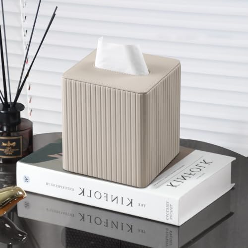 PU Leather Tissue Box Cover, Square Tissue Holder (Beige) - Image 6