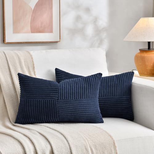 Fancy Homi 2 Packs Navy Blue Lumbar Decorative Throw Pillow Covers 14x22 Inch for Living Room Couch, Rustic Farmhouse Boho Home Decor, Soft Striped Corduroy Rectangle Accent Cushion Case 35x55 cm - Image 5