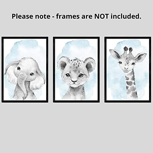 Safari Animals Baby Boys Nursery Set of 3 Unframed Wall Art Prints, Gray Baby Animals with Blue Watercolor Style Splash, Elephant Lion Giraffe, Child Bedroom Nursery Decor Posters (11x14) - Image 7
