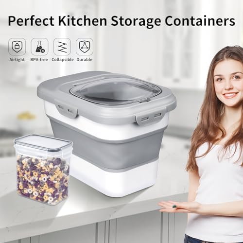 Komzon Rice Storage Container, Collapsible Airtight Food Storage Containers 6-20 Lbs, Rice Dispenser with Measuring Cup and Small Bin for Flour Cereal Pasta Grain, Cat Pet Dog Bird Food Container - Image 6