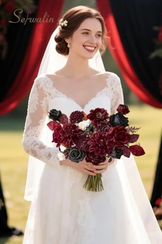 Serwalin Artificial Burgundy Black Flowers Red Rose Silk Flower for Wedding - Image 7