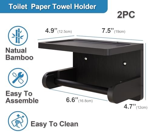 VERTORGAN 2 Pack Bamboo Toilet Paper Holder with Phone Shelf(Black) - Image 6