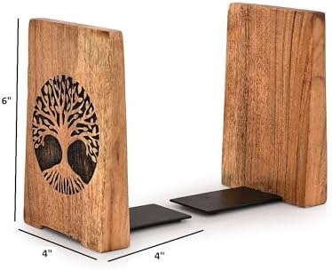 NIRMAN Office Bookends Iron & Acacia Wood Tree of Life Office Bookends for Shelves or Bookcase Heavy Bookends, Home Décor Gift (4"" X 4"" X 6""), (Set of 2), Brown - Image 5