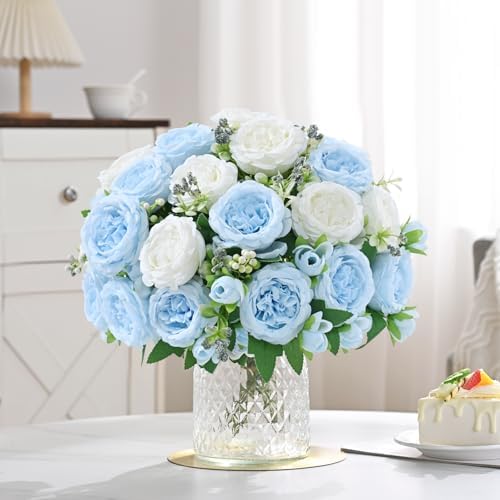 8 Packs Peonies Artificial Flowers Mixed White Blue Silk Artificial Peonies - Image 7