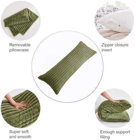 Full Body Pillow with Fluffy Stripe Faux Fur Removable Cover, Long Bed Pillow Adult 20x54 Inches for Side Sleeper and Pregnancy, Sage. - Image 6