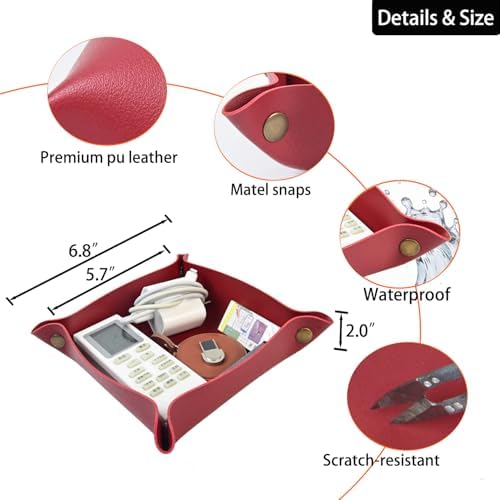Leather Valet Tray for Women Men, Portable Entryway Table and Bedside Nightstand Desktop Storage Organizer, Leather Jewelry Catchall for Keys,Watch, Wallet, Coin, Jewelry (red) - Image 6