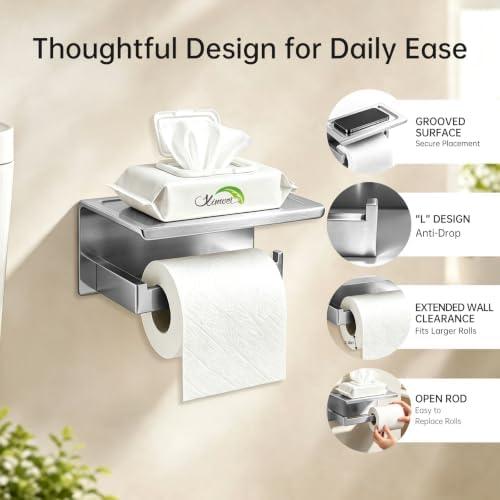 Wall Mounted Toilet Paper Holder with Shelf, 1.5mm, Brushed Nickel - Image 6