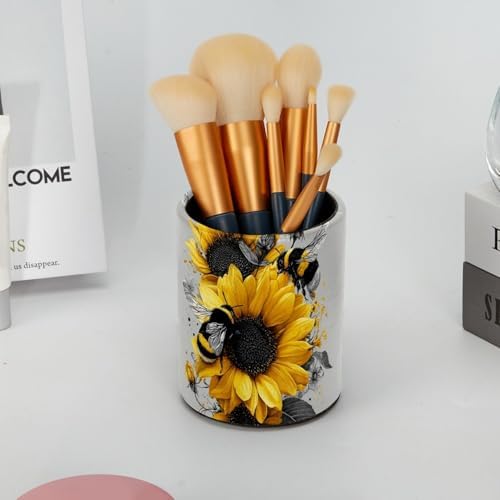 Faux Leather Pen Holder for Desk, Pencil Organizer Bee and Sunflowers Pen Cup Desk Decor Makeup Brush Holder Storage for Office Home - Image 6