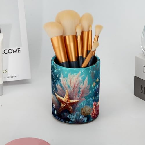 Underwater Corals and Starfish Leather Pen Holder for Desk, Multifunctional Desktop Organizer Pencil Cup, Desktop Caddy Stationery Organizer for School Home Office Desk Accessories - Image 6