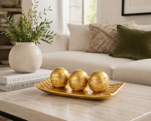 Gold Decorative Orbs with Tray Set, 3Pcs Resin Decorative Balls with Tray, Modern Accent Sphere for Coffee Table, Dining Table, Living Room, Entryway - Image 7