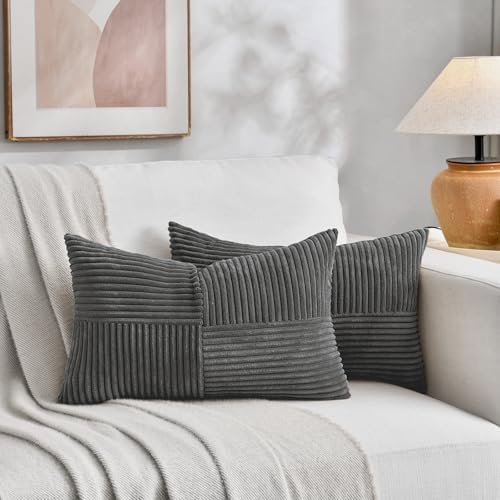 Fancy Homi 2 Packs Dark Gray Lumbar Decorative Throw Pillow Covers 14x22 Inch for Living Room Couch Bed Sofa, Farmhouse Home Decor, Soft Striped Corduroy Rectangle Accent Cushion Case 35x55 cm - Image 5
