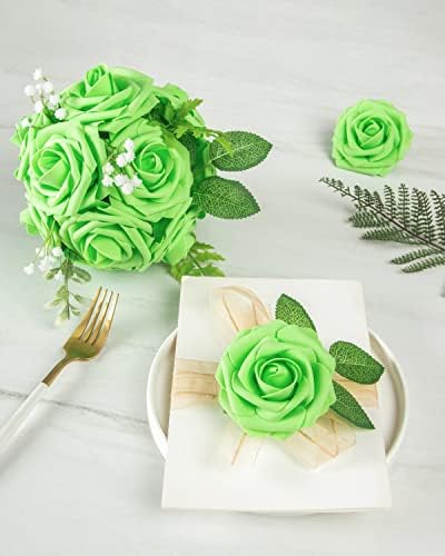 DuHouse 25Pcs Artificial Flowers Foam Roses with Stems(Light Green) - Image 7