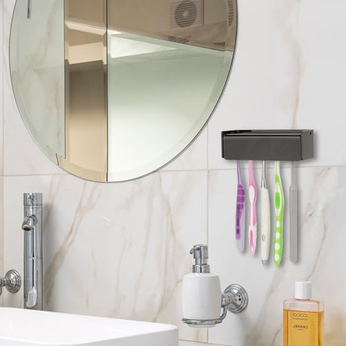 5 Slots Wall Mount Toothbrush Holder with Cover, Self Adhesive Toothbrush Storage Organizer for Shower, Toothbrush Hanger for Bathroom, Medicine Cabinet, Dorm (Black) - Image 6