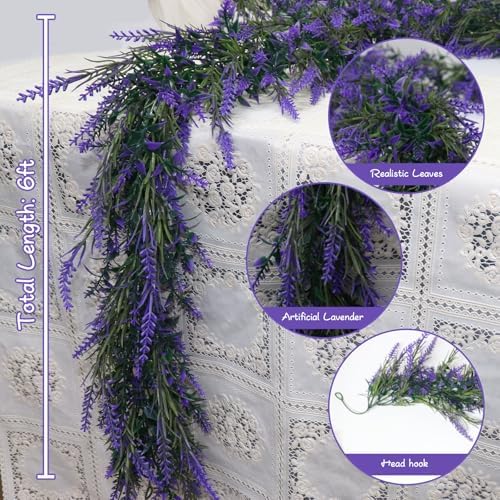 MAKHOT 6Ft Purple Lavender Artificial Garland Decor, Spring Summer All Year Lavender Deep Purple Garland, Green Wreath Vines Decorations for Table Home Wedding Mantle Arch Porch Party - Image 6