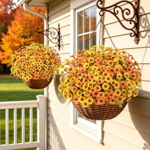 Artificial Daisy Mums for Outdoors, 12 PCS Fall Flowers, Yellow+Orange - Image 6