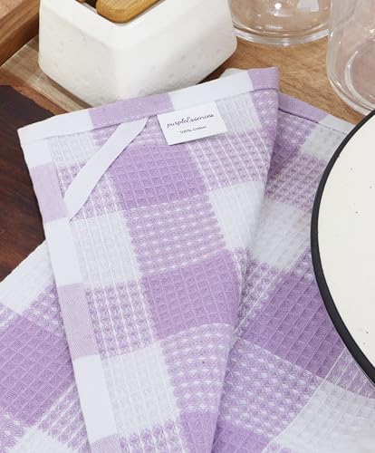 Waffle Weave Plaid Dish Cloth, DishTowel 15x25"Set of 4 - Lavender & White - Image 6