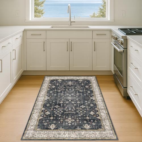 Boho Washable 4x6 Entryway Rug - Non-Slip Low Pile Geometric Area Rug for Living Room, Large Kitchen, Bedroom, Office - Ultra Soft Dark Modern Aesthetic Decor, Black & Multi - Image 6