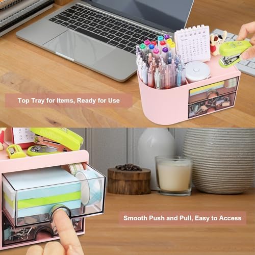 Meiikun Desk Organizer with Drawer, Pen Organizer for Desk, Small Pencil Holder, Desk Organizers and Accessories for Office Home Storage (2 Drawers+4 Compartments, Pink) - Image 6