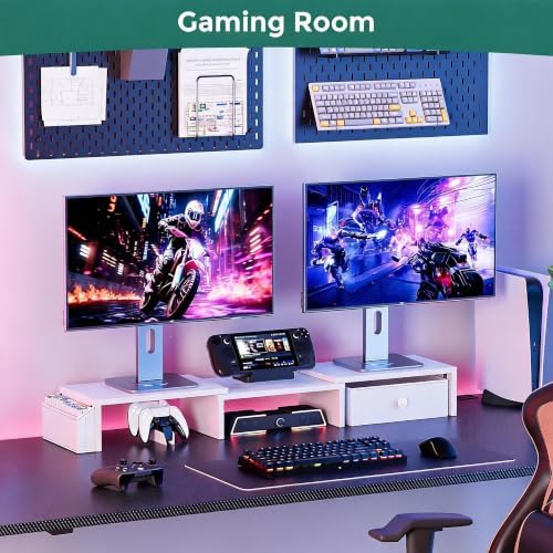 Dual Monitor Stand Riser, Adjustable Length & Swivel Angle Monitor Stand, Ergonomic Monitor Stand with Drawer & Side Pockets, Desktop Organizer and Office Desk Accessories, White - Image 7