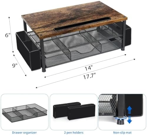 AUPSEN Wood Desk Organizers and Accessories, 2-Tier Computer Monitor Stand Riser with Drawer, Pen Storage & Phone Holder, Office Desk Accessories, Workspace Desktop Organization for Office Supplies(Brown) - Image 7