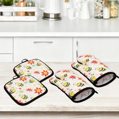 Lucleag 4 PCS Bee Oven Mitts and Potholders Set, Cute Bee Oven Mitt Pot Holders Bees Potholder Heat Resistant Non-Slip Cooking Gloves for Grilling Baking Summer Birthday Party Favor Decor - Image 7