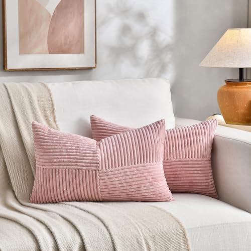 Fancy Homi 2 Packs Blush Pink Long Lumbar Decorative Throw Pillow Covers 12x24 Inch for Couch Bed Sofa, Rustic Farmhouse Boho Home Decor, Soft Striped Corduroy Rectangle Accent Cushion Case 30x60 cm - Image 5
