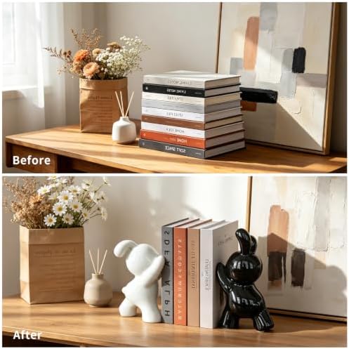 Glossy Ceramic Bunny Bookends Pair, Cute Rabbit Sculpture Book Stoppers, Smooth Shiny Finish Decorative Book Holders for Shelf Tabletop, Minimalist Modern Home Decor Gift for Kids & Book Lovers - Image 7