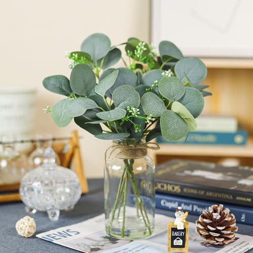 Der Rose 13.5" Sage Green Faux Eucalyptus in Clear Vase for Bathroom Decor - Image 6