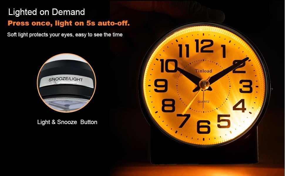 Tinload 4.3" No Ticking Analog Alarm Clock,Silent Readable for Seniors,Easy to Set,Gradual Rise Alarm,Big Numbers,On/Off Switch on Side,Gentle Wake,Snooze,Lighted on Demand,Battery Operated,Black - Image 6