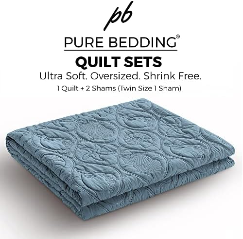 Pure Bedding Quilt Set Full/Queen Size Ash Blue - Oversized Bedspread - Soft Microfiber Coverlet for All Season - Includes 1 Quilt and 2 Shams, Ocean Star Pattern - Image 5
