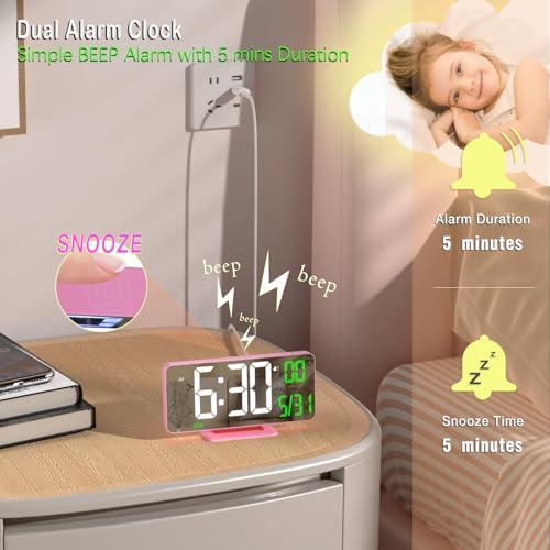 KOSUMOSU Pink Digital Clock 6.7in Desk Clock with Dual Alarm Clock, Dimming, 12/24h, Date, Day of Week, Temp, Digital LED Clock, Alarm Clock for Table, Digital Calendar Table Clocks for Bedrooms - Image 6