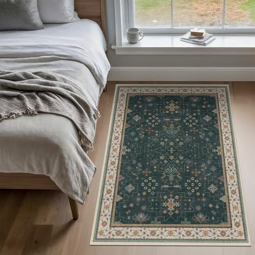 Dark Green Oushak 3x5 Large Entryway Rug - Modern Vintage Boho Eclectic Floral Pastel, Washable Low Pile Non-Slip Area Rugs for Door Mat Indoor Entrance, Kitchen, Bedroom Beside Bed, Laundry - Image 6