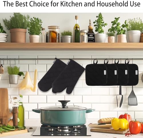 Oven Mitts and Pot Holders Sets,6 Pcs Oven Mitts and Potholders with Recycled Cotton High Heat Resistant Extra Thick Long Oven Mitts for Cooking(Black) - Image 6