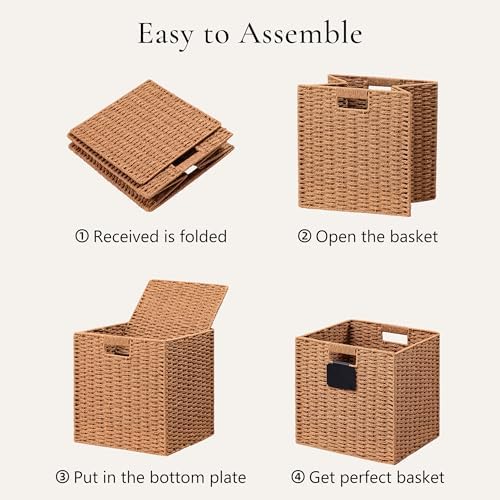 UBBCARE 2 Pack Wicker Basket, 13×13 Storage Cubes with Label, Foldable Cube Storage Bin with Handle, Square Storage Basket for Shelves, Woven Paper Rope Basket for Organizing, Caramel - Image 7