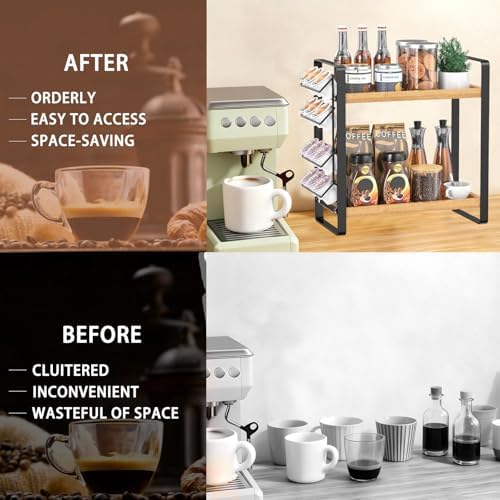 LEMIKKLE Coffee Station Organizer for Counter,Condiment Storage Caddy for Kitchen,2 Tier Wooden Shelf for Coffee Bar Accessories,Coffee Bar Organizer for Kitchen, Home, Office-Brown - Image 6